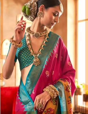 rani pink silk blend zari woven patola design saree with blouse 2