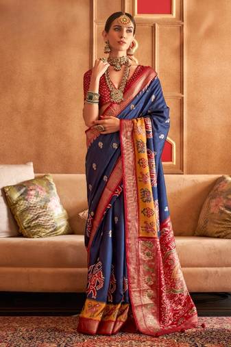 navy blue silk blend zari woven patola design saree with blouse