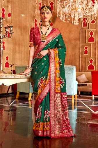 dark green silk blend zari woven patola design saree with blouse