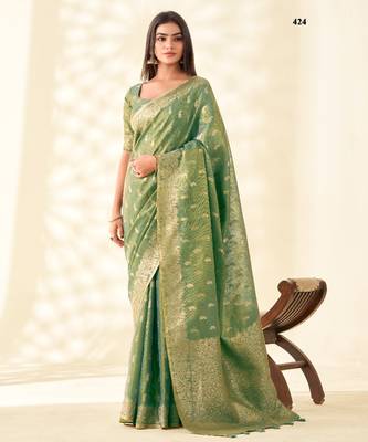 green silk blend tissue linen zari weaving saree with blouse 1