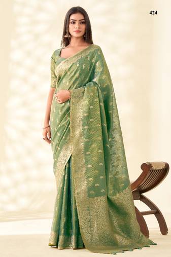 green silk blend tissue linen zari weaving saree with blouse
