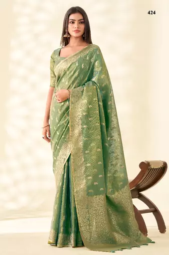green silk blend tissue linen zari weaving saree with blouse