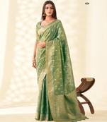 green silk blend tissue linen zari weaving saree with blouse