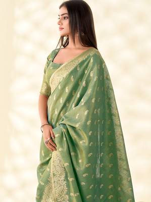 green silk blend tissue linen zari weaving saree with blouse 2