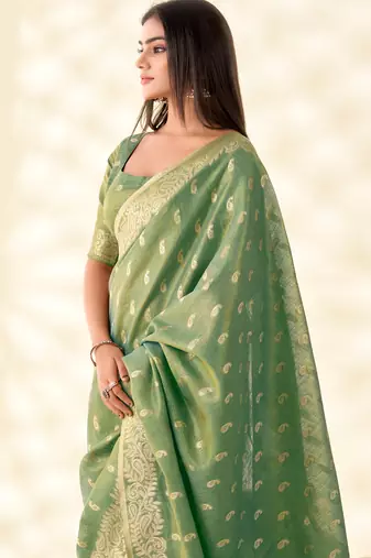 green silk blend tissue linen zari weaving saree with blouse
