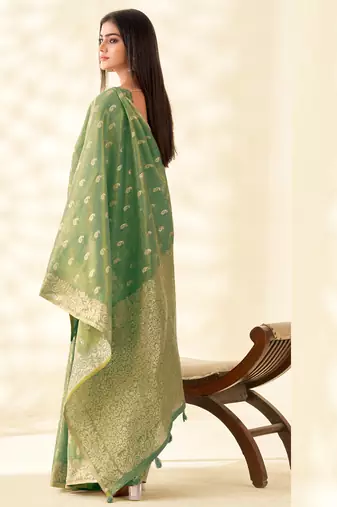green silk blend tissue linen zari weaving saree with blouse