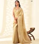 beige silk blend tissue linen zari weaving saree with blouse