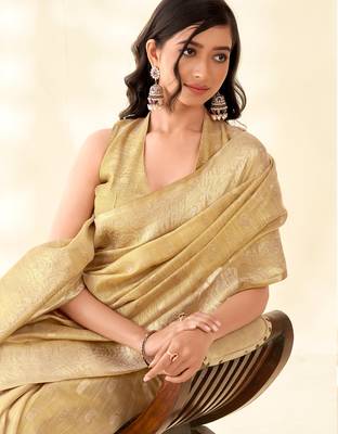 beige silk blend tissue linen zari weaving saree with blouse 2