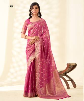 magenta silk blend tissue linen zari weaving saree with blouse 1