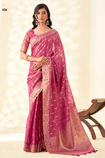 magenta silk blend tissue linen zari weaving saree with blouse