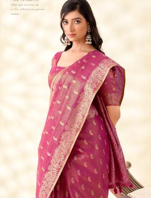 magenta silk blend tissue linen zari weaving saree with blouse 2