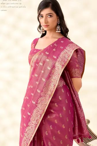 magenta silk blend tissue linen zari weaving saree with blouse