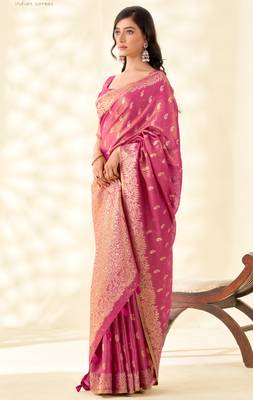 magenta silk blend tissue linen zari weaving saree with blouse 3