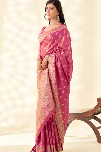 magenta silk blend tissue linen zari weaving saree with blouse