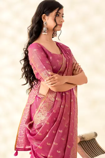 magenta silk blend tissue linen zari weaving saree with blouse