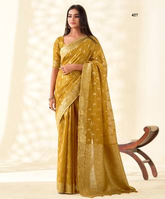 mustard silk blend tissue linen zari weaving saree with blouse 1