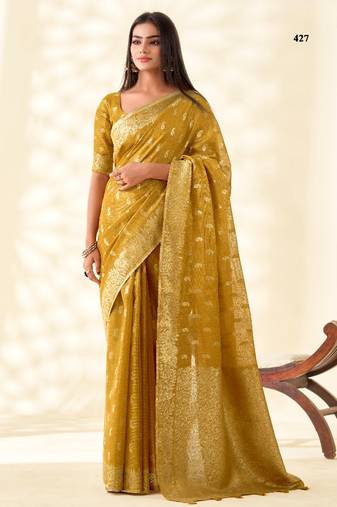 mustard silk blend tissue linen zari weaving saree with blouse
