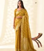 mustard silk blend tissue linen zari weaving saree with blouse