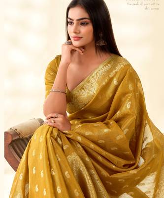 mustard silk blend tissue linen zari weaving saree with blouse 2