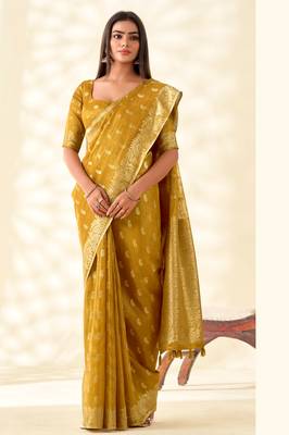 mustard silk blend tissue linen zari weaving saree with blouse 3