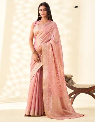 pink silk blend tissue linen zari weaving saree with blouse 1