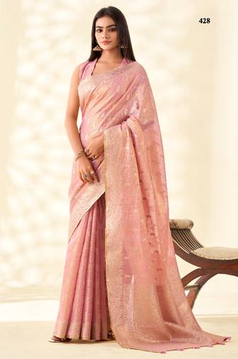 pink silk blend tissue linen zari weaving saree with blouse