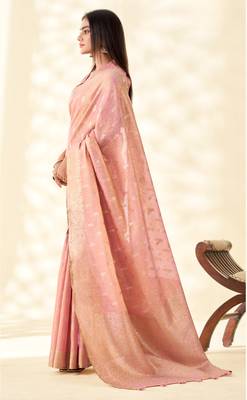 pink silk blend tissue linen zari weaving saree with blouse 3