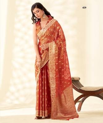 orange silk blend tissue linen zari weaving saree with blouse 1