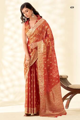 orange silk blend tissue linen zari weaving saree with blouse
