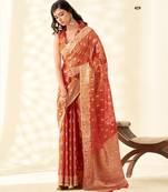 orange silk blend tissue linen zari weaving saree with blouse
