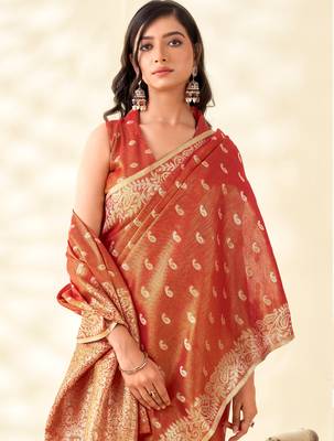 orange silk blend tissue linen zari weaving saree with blouse 2