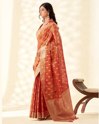 orange silk blend tissue linen zari weaving saree with blouse 3