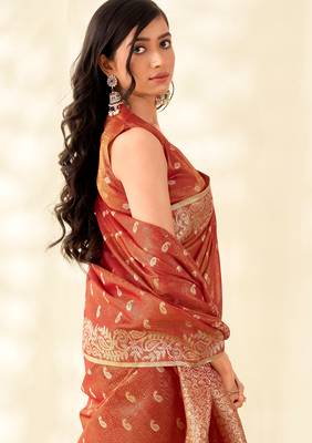 orange silk blend tissue linen zari weaving saree with blouse 4