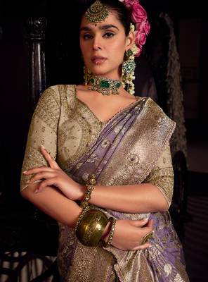 lavender viscose tissue handworked pallu saree with embroidered blouse piece 2