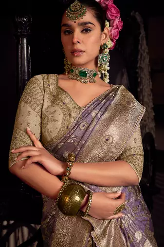 lavender viscose tissue handworked pallu saree with embroidered blouse piece