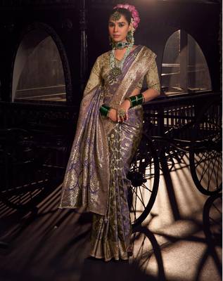 lavender viscose tissue handworked pallu saree with embroidered blouse piece 3