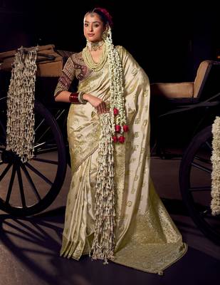 beige viscose tissue handworked pallu saree with embroidered blouse piece 1
