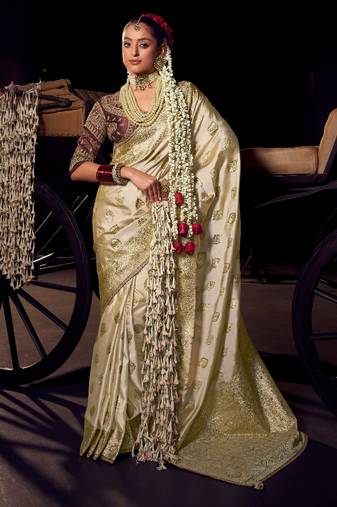 beige viscose tissue handworked pallu saree with embroidered blouse piece
