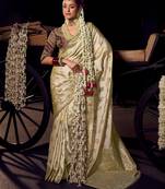 beige viscose tissue handworked pallu saree with embroidered blouse piece