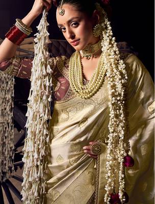 beige viscose tissue handworked pallu saree with embroidered blouse piece 2