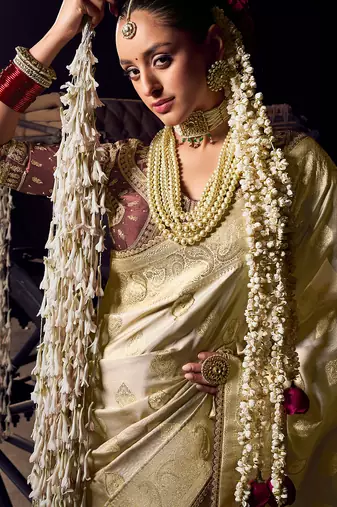 beige viscose tissue handworked pallu saree with embroidered blouse piece