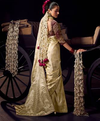 beige viscose tissue handworked pallu saree with embroidered blouse piece 3