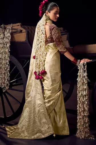 beige viscose tissue handworked pallu saree with embroidered blouse piece