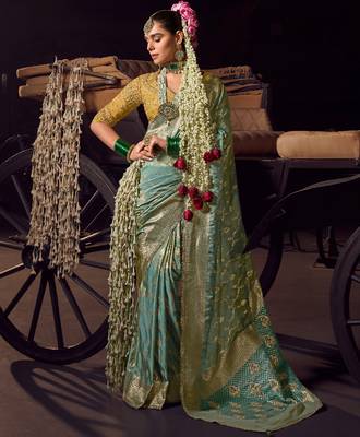 sea green viscose tissue handworked pallu saree with embroidered blouse piece 1