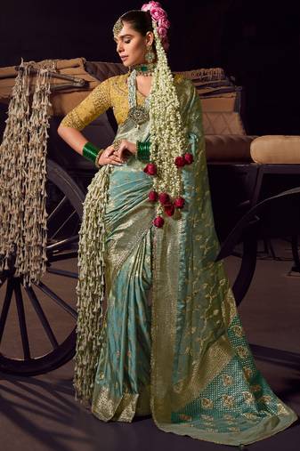 sea green viscose tissue handworked pallu saree with embroidered blouse piece