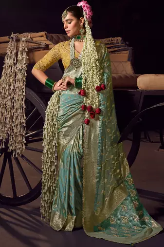 sea green viscose tissue handworked pallu saree with embroidered blouse piece