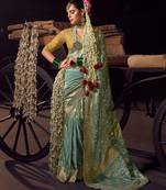 sea green viscose tissue handworked pallu saree with embroidered blouse piece