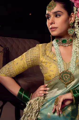 sea green viscose tissue handworked pallu saree with embroidered blouse piece