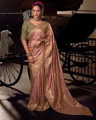 green viscose tissue handworked pallu saree with embroidered blouse piece 1