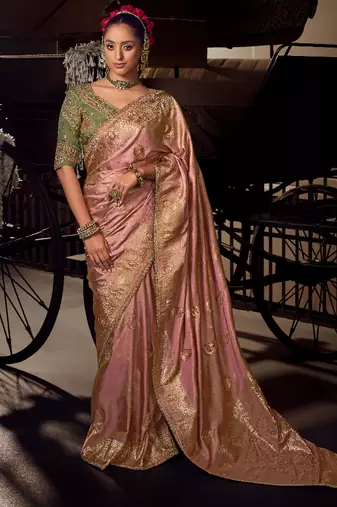 green viscose tissue handworked pallu saree with embroidered blouse piece